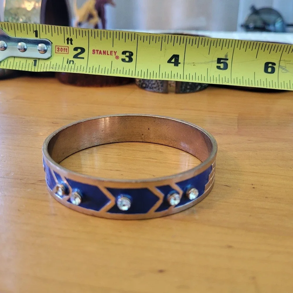 Vintage Blue Enamel Rhinestone Geometric Bangle Bracelet Brass Tone 42g